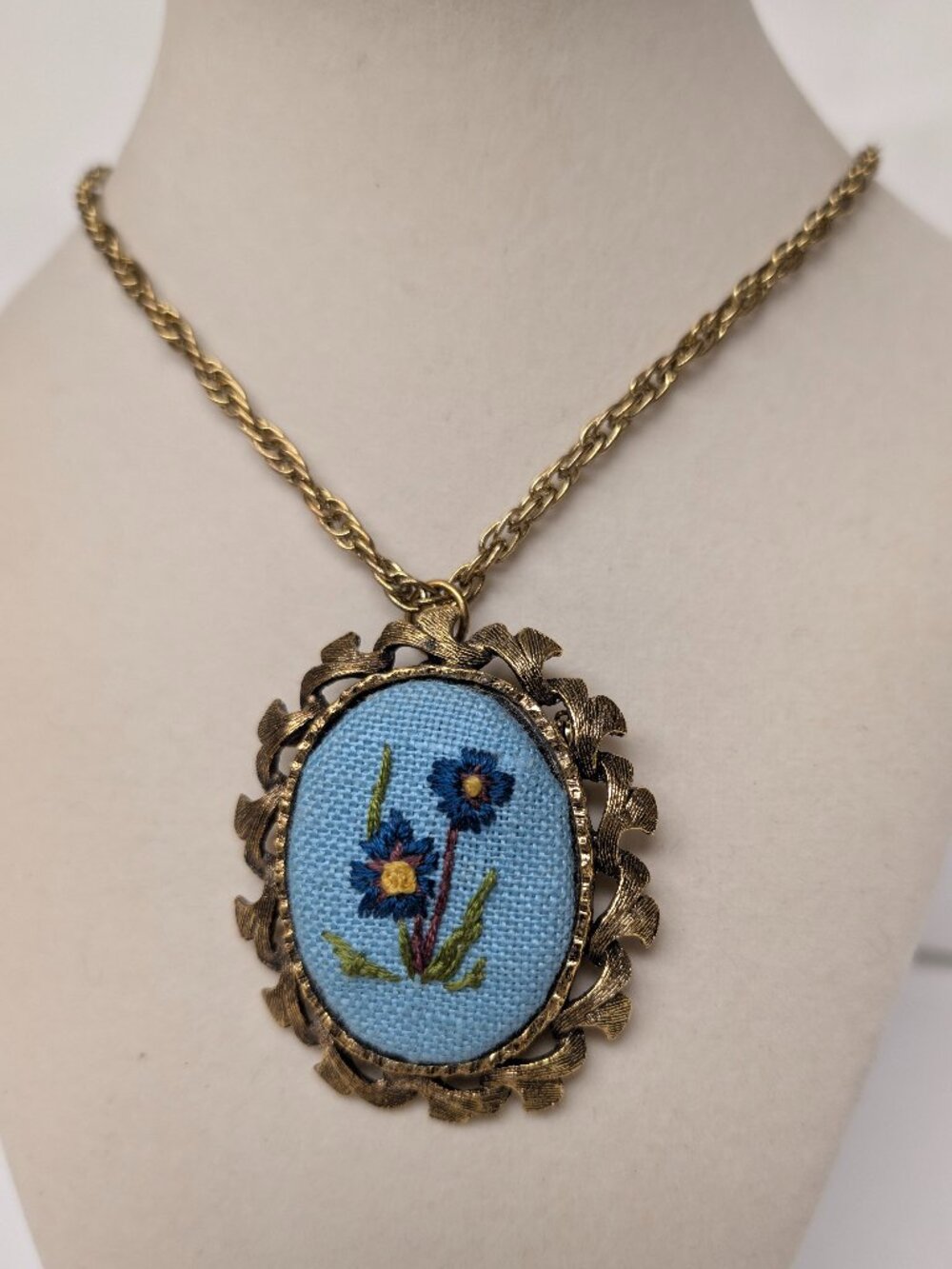 Vintage Large Embroidered Pendant Necklace Forget me Nots